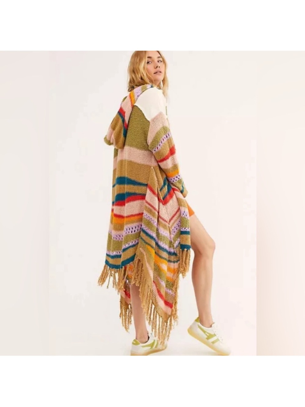 Free People Multicolor Striped Fringe Knit Open Cardigan sweater duster - Picture 4 of 8